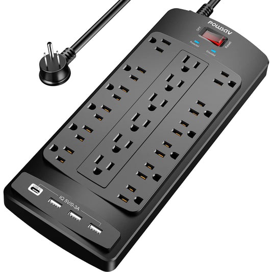 Power strip — 18 outlets and 4 USB ports with flat plug design and heavy duty cord