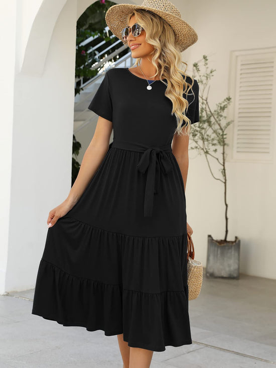 Lyrur dress — Casual summer tiered midi with pockets and belt