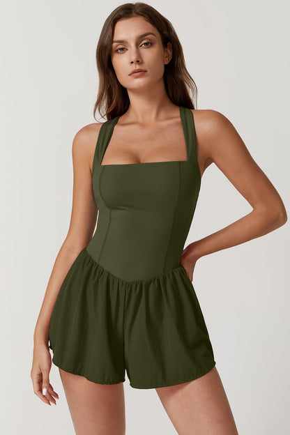 ONE_PIECE_OUTFIT — Square neck sleeveless romper with pocket by QINSEN