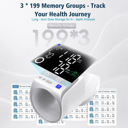 Automatic Electronic Blood Pressure Monitor, 22-40 CM Blood Pressure Cuff, 3 Users*199 Memories, Arm Blood Pressure Monitors for Home Use, Backlit Large LED Screen, BP Monitor (White Silver)