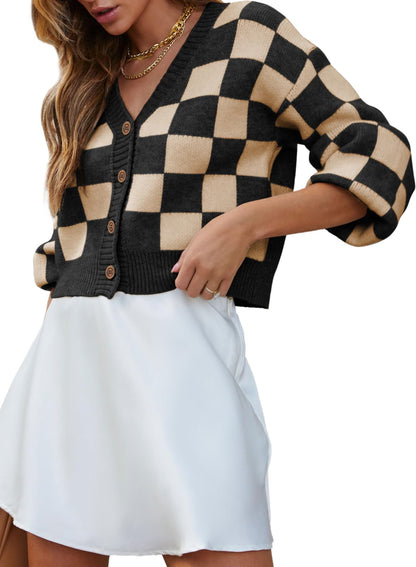 Dokotoo sweater — Checkered v neck button down cropped cardigan top