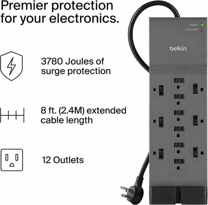 Belkin power strip — 12 AC outlets with 8ft flat plug and 3,940 joules protection
