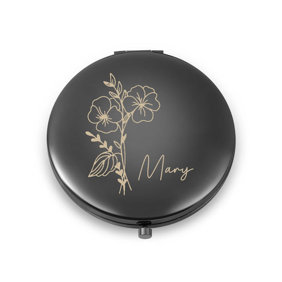 Ahgmeside Personalized Compact Mirror for Women - Pocket Mirror for Women,Custom Birthflower Travel Makeup Mirror for Wife, Mom, Bridesmaid Gifts for Daughter Friend (Black)