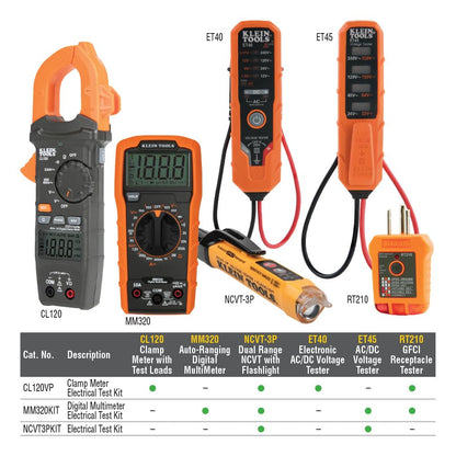 Electric circuit testing device — Klein Tools MM320KIT multimeter test kit with case and batteries