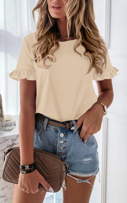 PRETTYGARDEN shirt — short sleeve ruffle round neck loose fit tee blouse tops