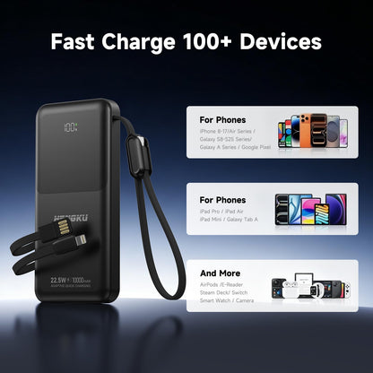 HENGKU Portable Power Bank Fast 22.5W PD Charging 10000mAh Built-in Cables, Type C Flight Safe, Z01C