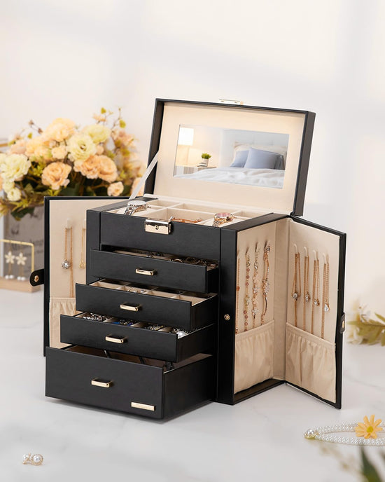 Homde jewelry storage - synthetic leather mirrored watch organizer and case