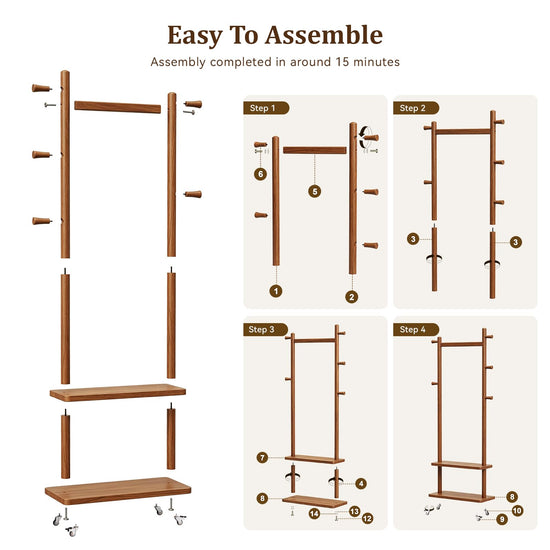 Taitiy clothes rack with wheels and shelves for bedroom and entryway
