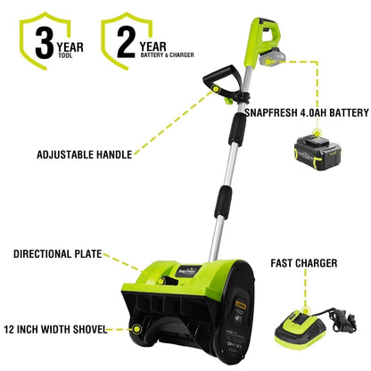 SnapFresh snow blower — 20V cordless design with adjustable handle and battery included