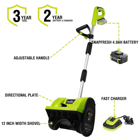 SnapFresh snow blower — 20V cordless design with adjustable handle and battery included