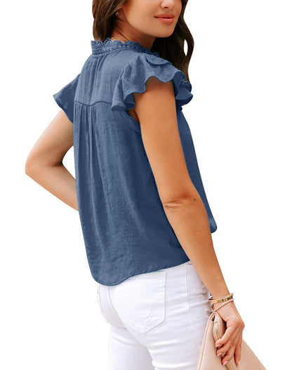 Shirt — V neck lace crochet button down short sleeve blouse by PRETTODAY