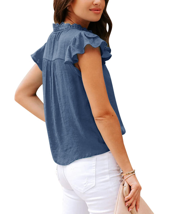 Shirt — V neck lace crochet button down short sleeve blouse by PRETTODAY