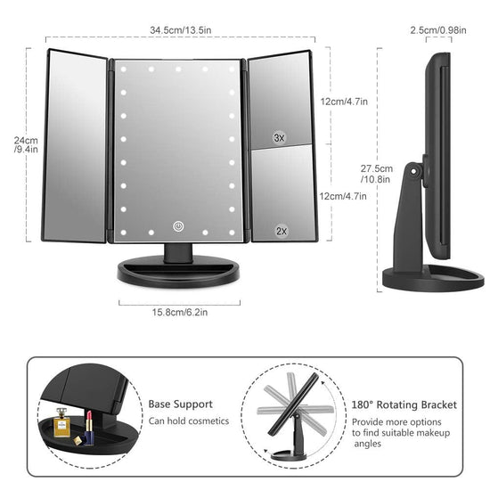 Flymiro tri-fold lighted vanity makeup mirror — 180° rotation with touch screen LEDs