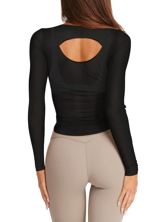 LASLULU shirt — Long sleeve fitted open back workout top for yoga and running.