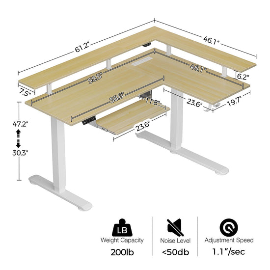Rolanstar L shaped desk with LED light and power outlet. 61.2 height adjustable electric desk.