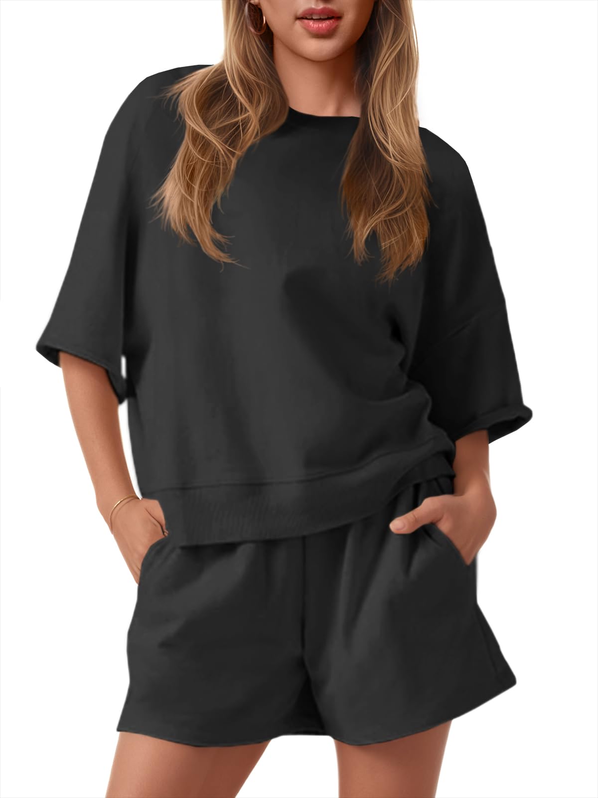 Coordinated outfit — Casual oversized cropped sweatshirt with high waist shorts set