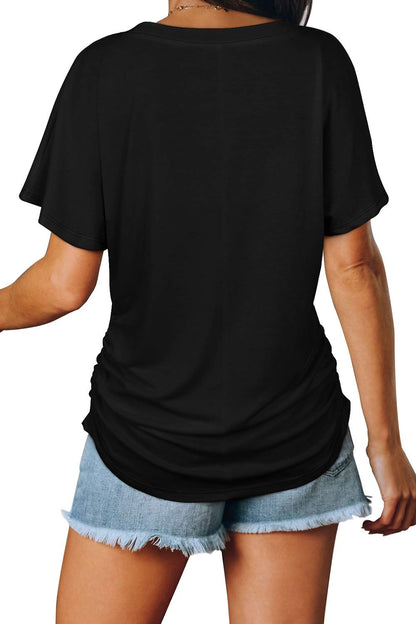 Shirt — Short sleeve v neck dolman top with side shirring