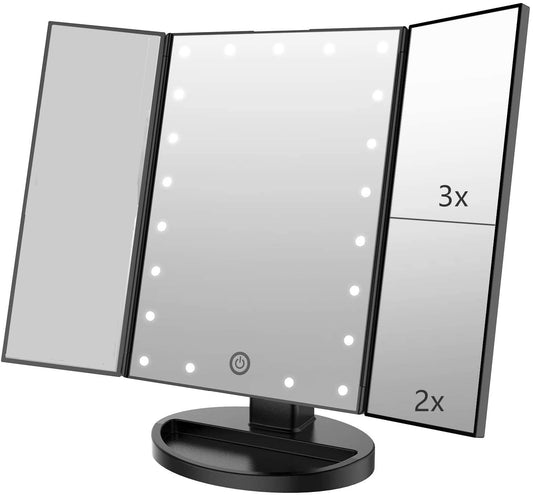 Flymiro tri-fold lighted vanity makeup mirror — 180° rotation with touch screen LEDs