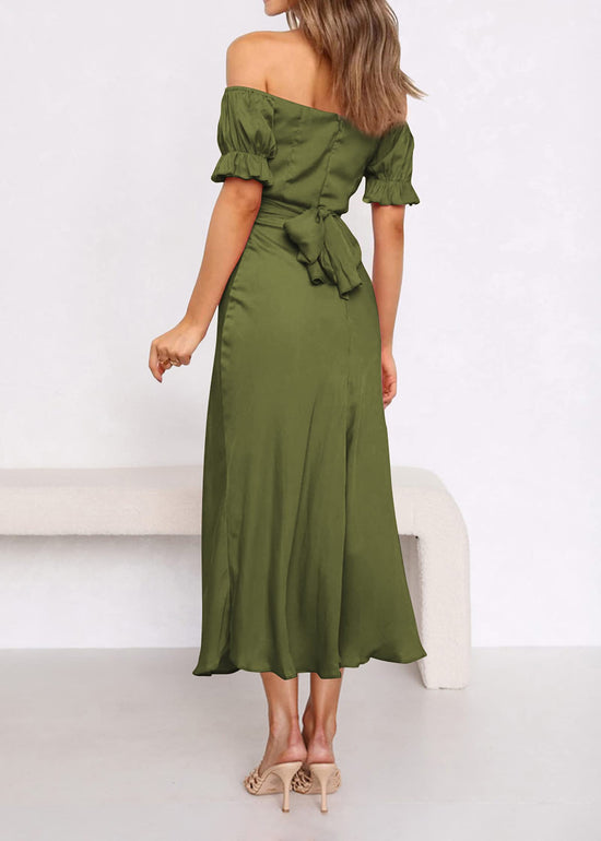 KIRUNDO women's satin wedding guest midi dress with off the shoulder design