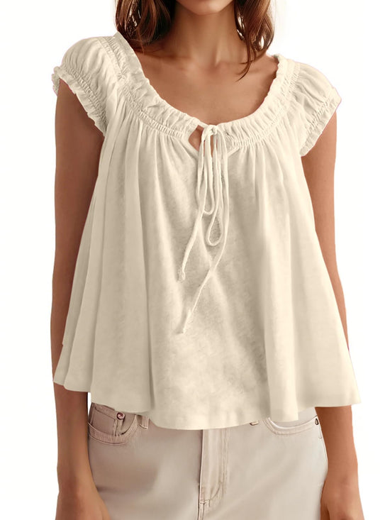 Shirt — Tie front cap sleeve pleated babydoll design