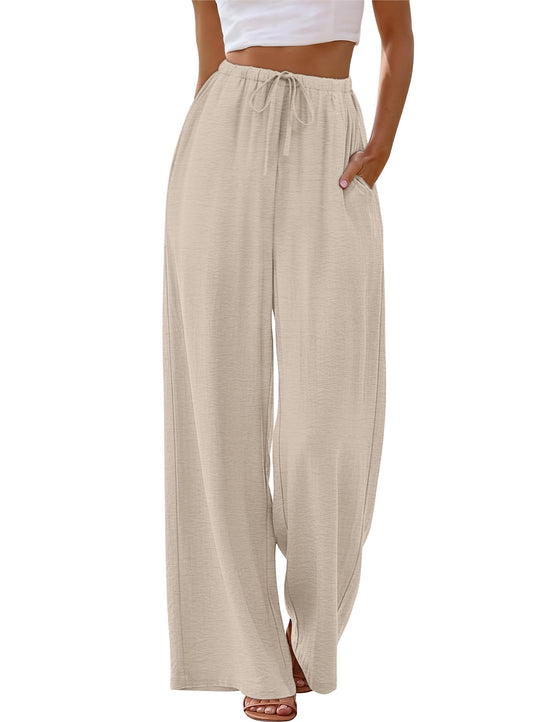 Sampeel linen pants — wide leg flowy beach vacation trousers in khaki M