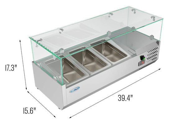 KoolMore refrigerated countertop condiment prep rail with stainless steel cover