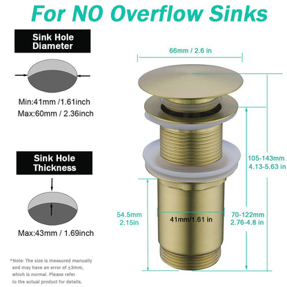 SEABEFORE All Metal Bathroom Sink Drain,Pop-up Drain with Detachable Basket Stopper,Anti-Clogging Drain Strainer,Hair Catcher,for Vanity Vessel Sink Without Overflow,Brushed Gold,SE83997PB-BG