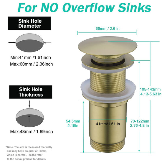 SEABEFORE All Metal Bathroom Sink Drain,Pop-up Drain with Detachable Basket Stopper,Anti-Clogging Drain Strainer,Hair Catcher,for Vanity Vessel Sink Without Overflow,Brushed Gold,SE83997PB-BG