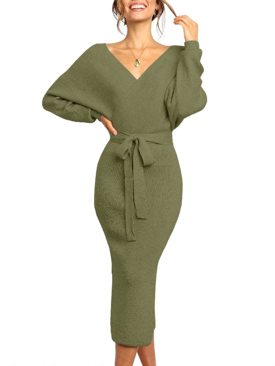 Chang Yun dress — sexy wrap batwing v neck maxi with open back and belt