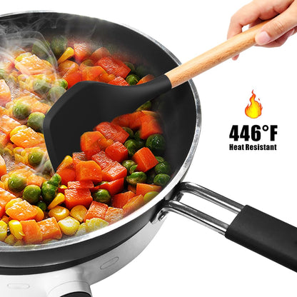 Food spatula set — heat resistant silicone with wooden handles and holder, BPA free