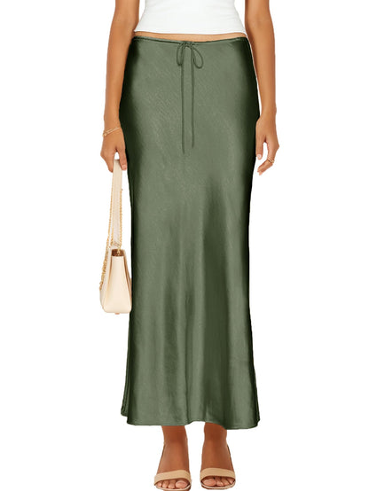 Skirt — Satin silk drawstring flared maxi skirt by Skrtimory for women