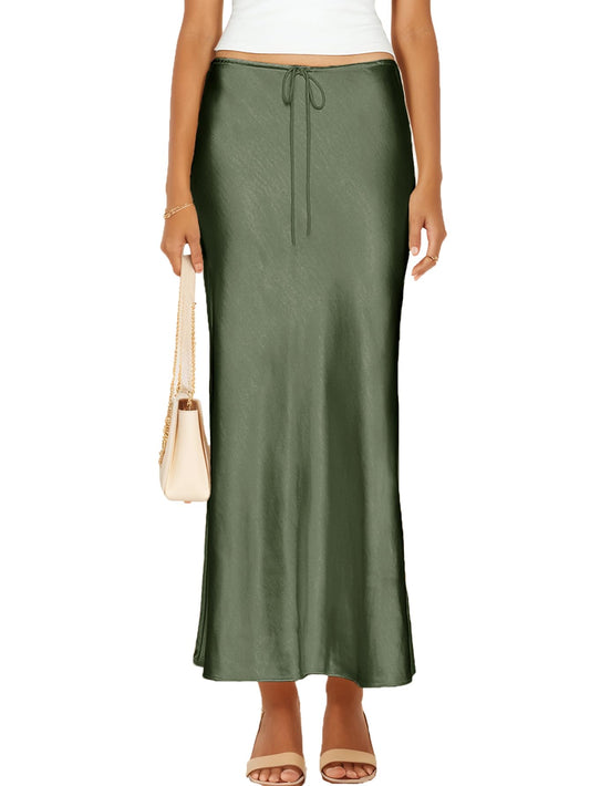 Skirt — Satin silk drawstring flared maxi skirt by Skrtimory for women