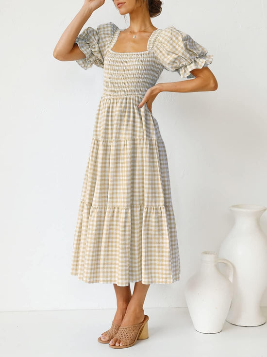 ZESICA dress — Boho gingham puff sleeve midi dress