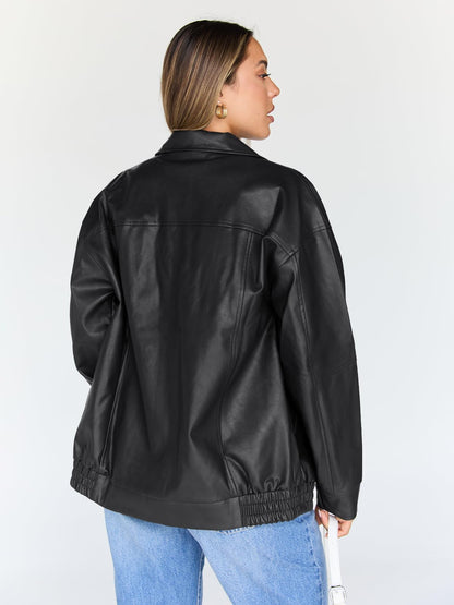 Coat — oversized leather moto bomber jacket by Trendy Queen for spring and fall
