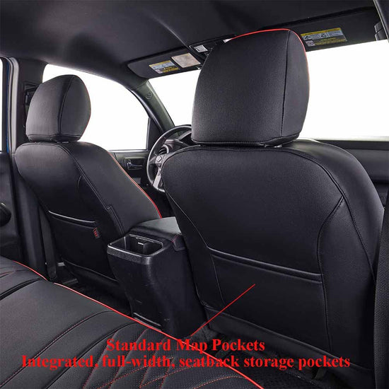 EKR seat covers for 2015-2020 Ford F150 and 2017-2022 SuperDuty, leather black with red trim