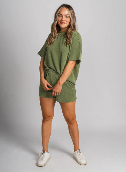 miduo coordinated outfit — ribbed textured knit lounge set with shorts and short sleeves