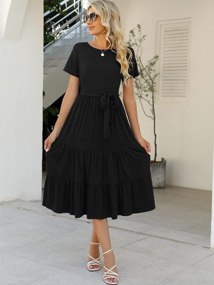 Lyrur dress — Casual summer tiered midi with pockets and belt