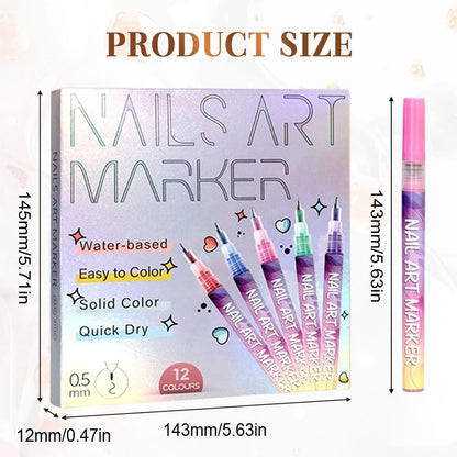 Cosmetic nail set — 12 colors nail art pens for gel nails and dotting tools