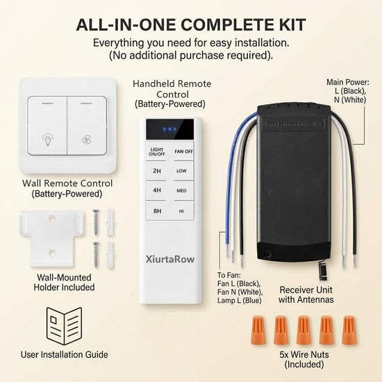 XiurtaRow Ceiling Fan Remote Control Kit, Dual Control Wall Switch & Handheld Remote with Receiver, 3-Speed Light Dimmer Timer, Universal Replacement for Harbor Breeze Hampton Bay AC Motor Fans