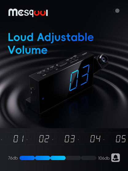 Digital projection alarm clock — 180° rotatable projector with USB charger and dual alarms