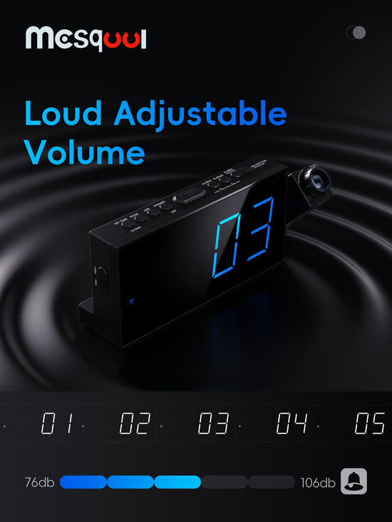 Digital projection alarm clock — 180° rotatable projector with USB charger and dual alarms