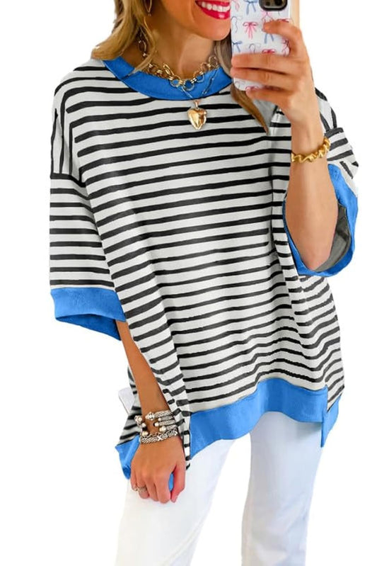 SHEWIN shirt - Casual short sleeve striped pullover t shirt
