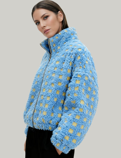 Esmeling cropped sherpa fleece coat with plaid design and long sleeves