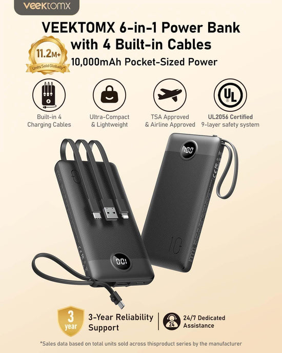 VEEKTOMX power bank with built-in cables for fast charging on the go
