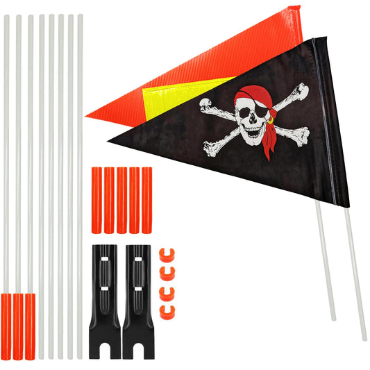 2 Pcs Bike Flag with Pole 6 Ft Bicycle Safety Flag with Adjustable Height Heavy Duty Fiberglass Pole Tear-Resistant Waterproof Orange Safety Flag Spider Dinosaur Pirate Fags for Kids (Back(Pirate))