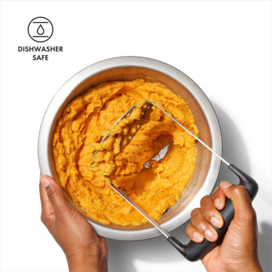 Food masher — Oxo design for easy mashing and comfort grip handle