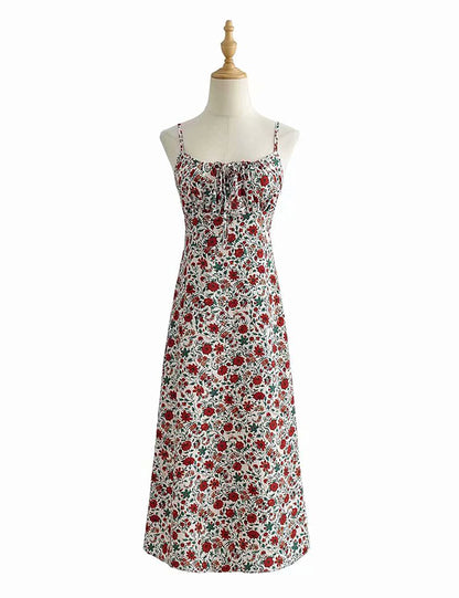 Omoone womens floral dress - low-cut square neck with spaghetti straps and tie detail