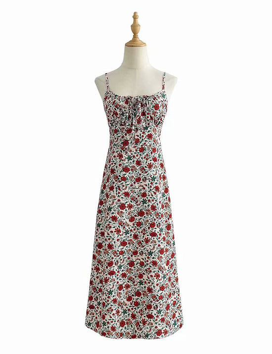 Omoone womens floral dress - low-cut square neck with spaghetti straps and tie detail