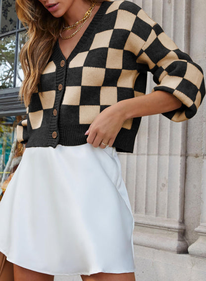 Dokotoo sweater — Checkered v neck button down cropped cardigan top