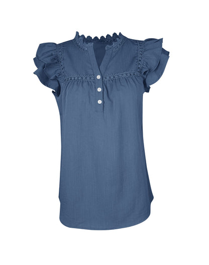 Shirt — V neck lace crochet button down short sleeve blouse by PRETTODAY